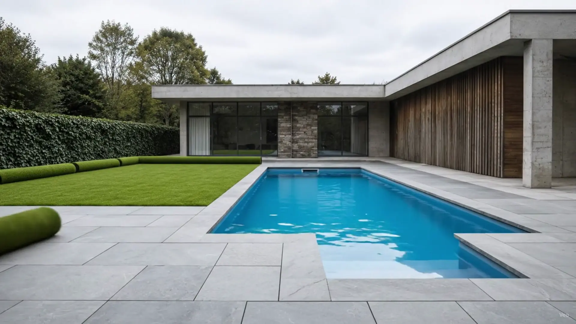 The same garden after Kelpie rebuilt it, with new paving, pool surround and fresh turf