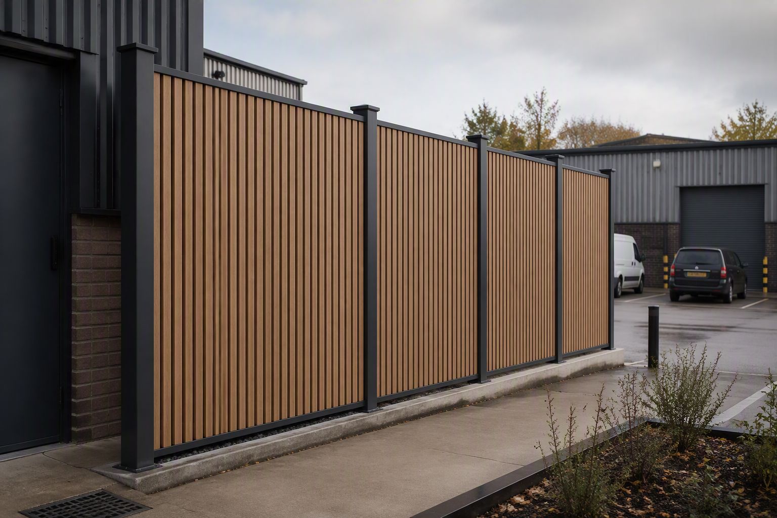 A tall timber faced acoustic screen along a roadside boundary