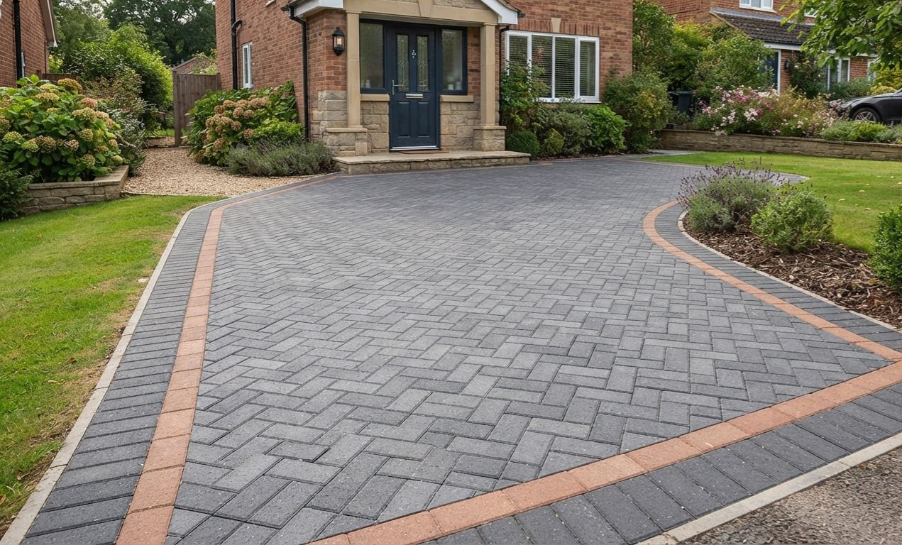 Charcoal block paving laid in a herringbone pattern with a contrasting red border course