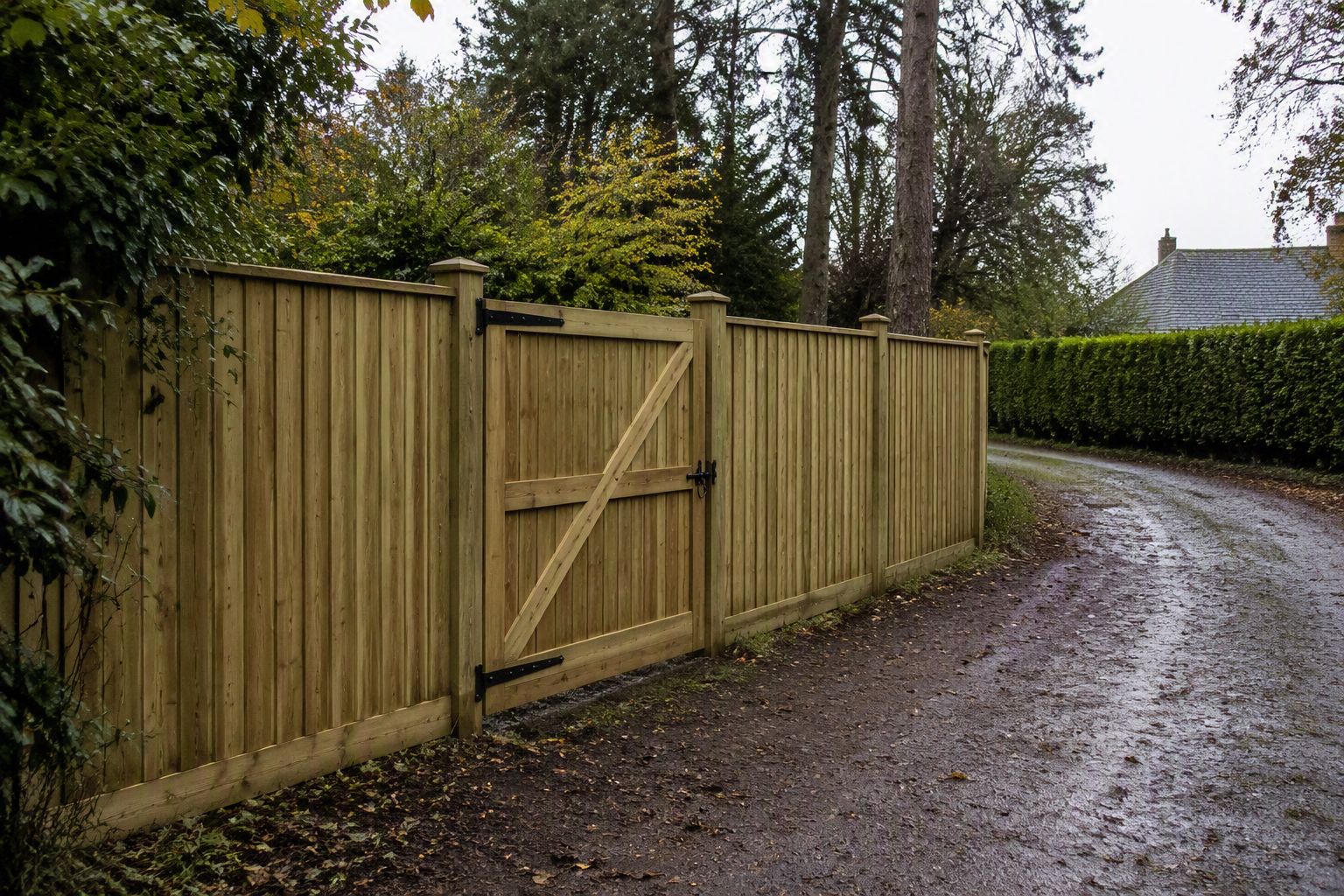 A timber boundary fence with a matching gate along a lane