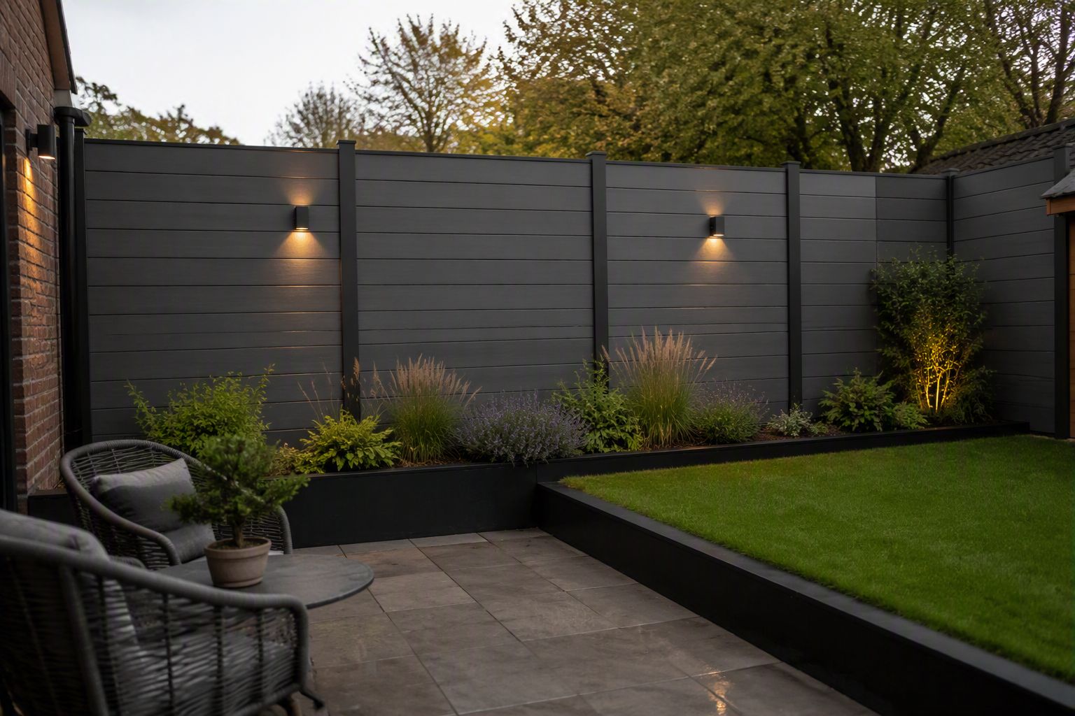 Grey composite fence panels with wall lights around a paved garden
