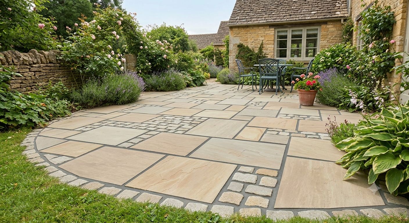 Concrete paving flags laid in a circular patio beside a cottage garden