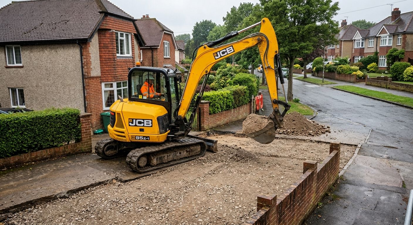 An excavator digging out a driveway in front of a house