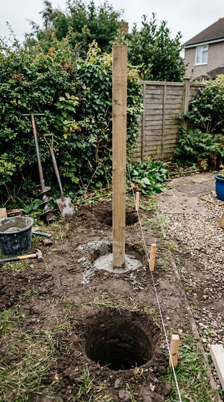 A fence post set in a freshly dug hole along a marked garden boundary