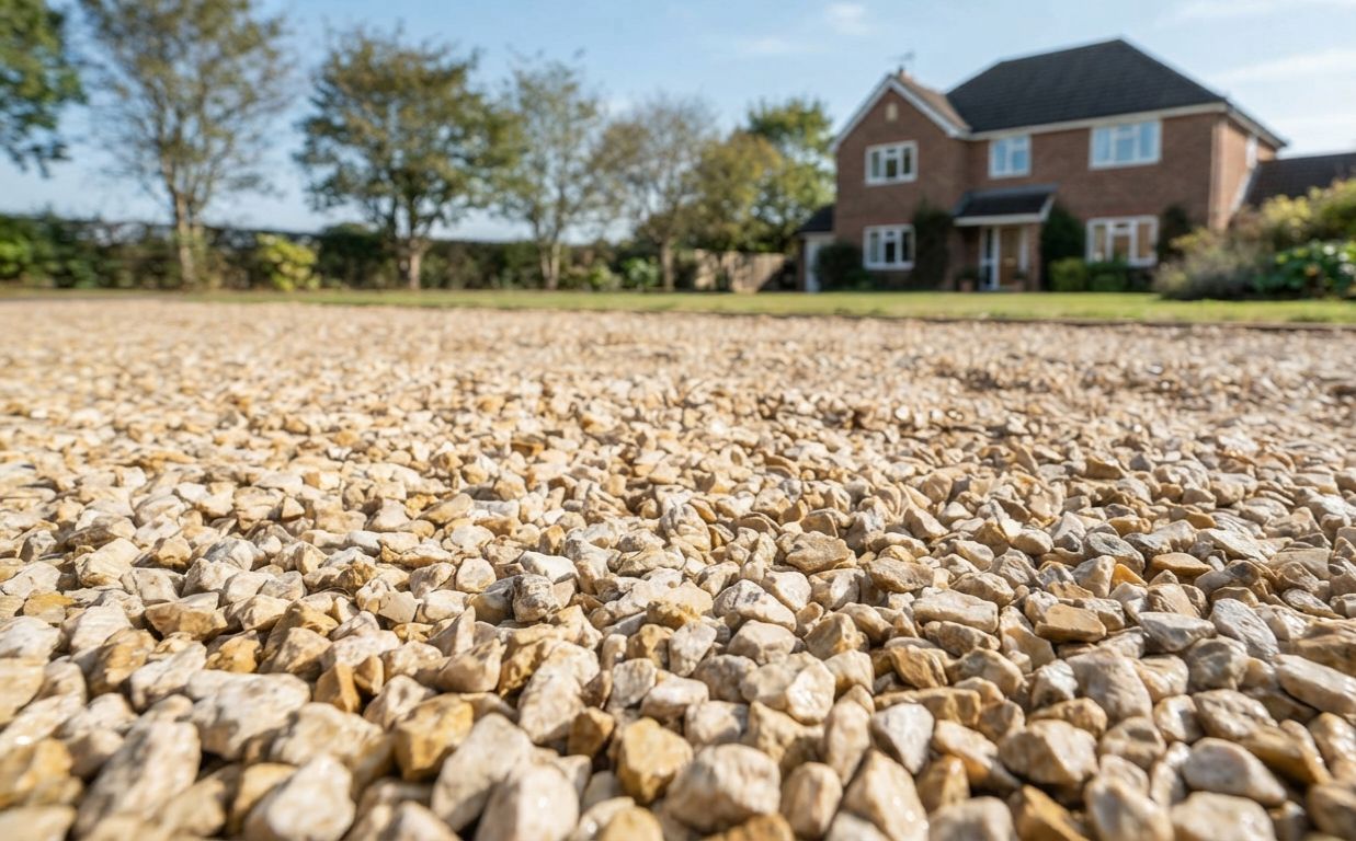 A gravel driveway in golden aggregate in front of a brick family house