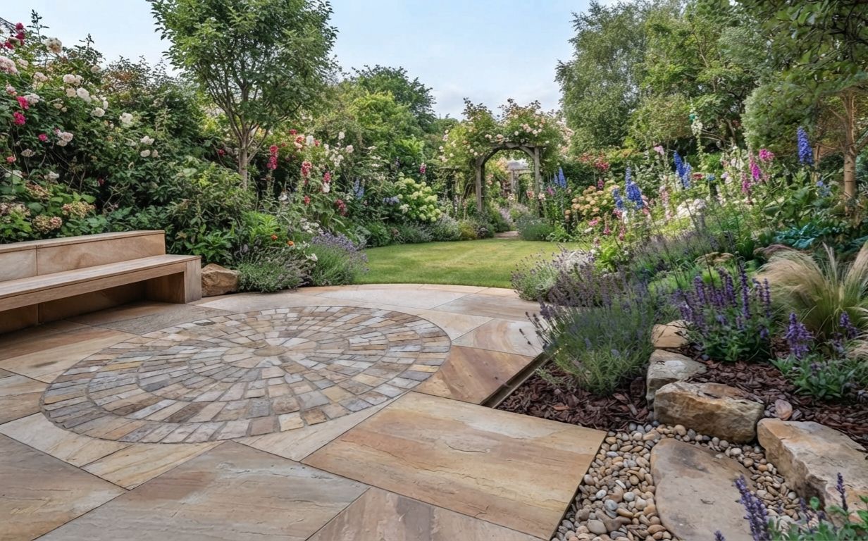 Natural Indian sandstone patio in warm tones with a circular feature and planted borders