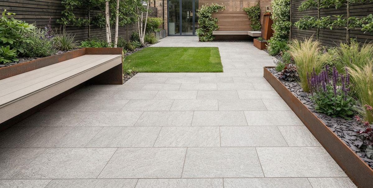 Pale grey porcelain patio with a timber bench and raised planting beds