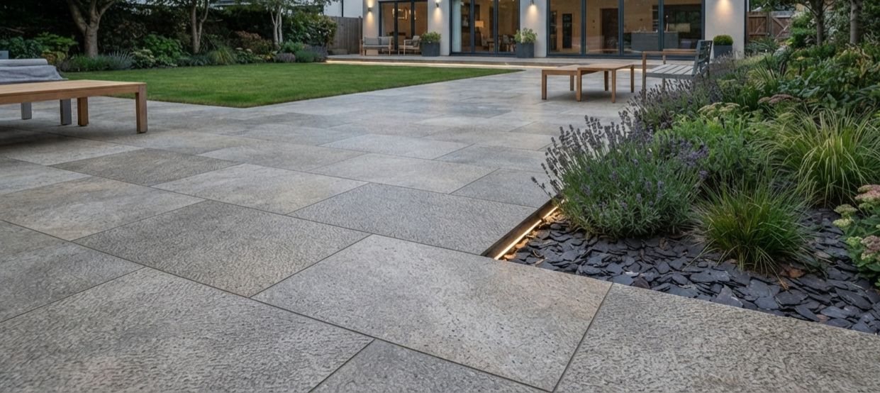 Large format grey porcelain patio beside a lawn and planted border