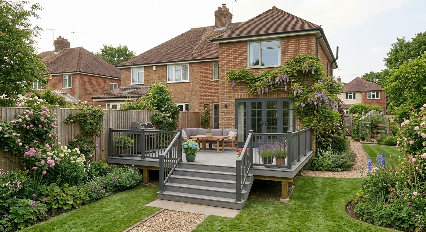 A raised composite deck with steps down to the lawn behind a family house