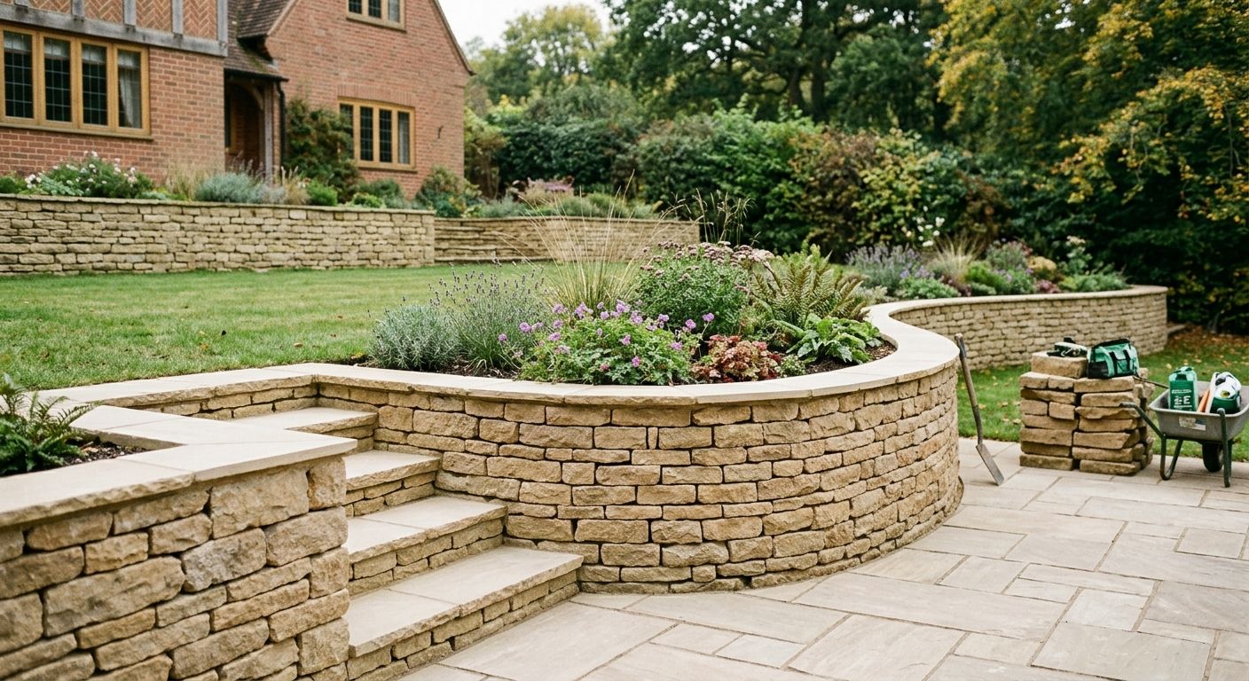 A curved natural stone retaining wall with steps up to a raised lawn