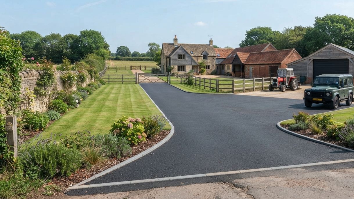 A freshly laid tarmac driveway with crisp edges curving up to a country house