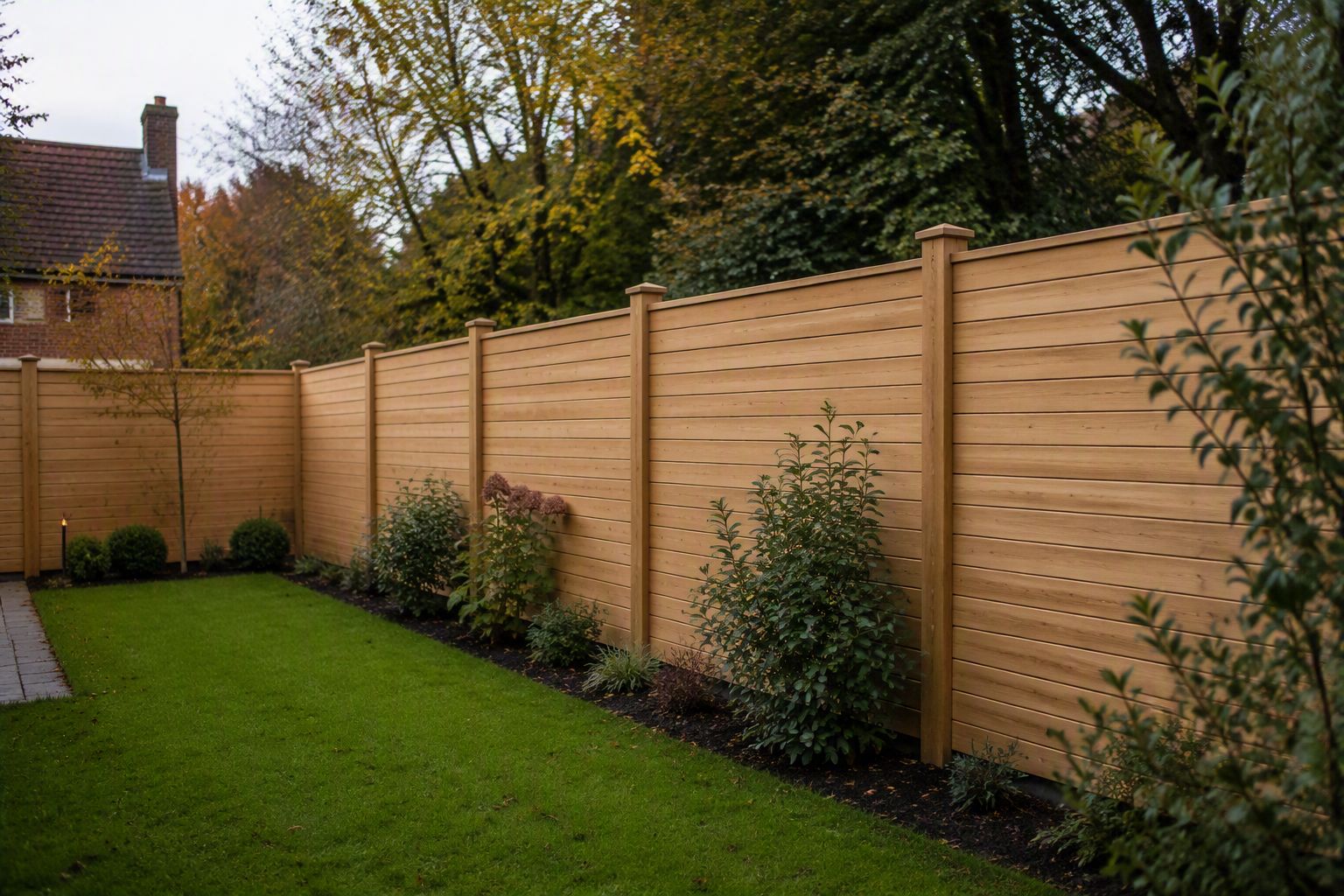 Horizontal timber fencing along a garden boundary with planted borders
