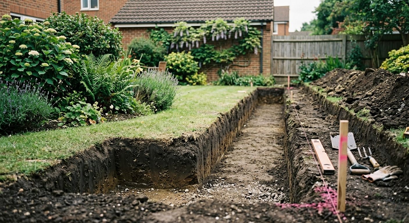 A foundation trench dug square and clean along a garden boundary